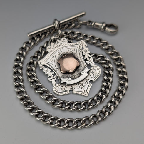 Circa 1919 British Antique Sterling Silver Albert Chain, 53g, Sterling Silver Medal Fob